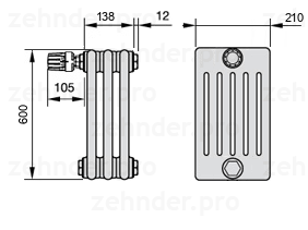 Схема (чертеж) Радиатор Zehnder Charleston 6060/3 №V011 Белый глянцевый RAL 9016